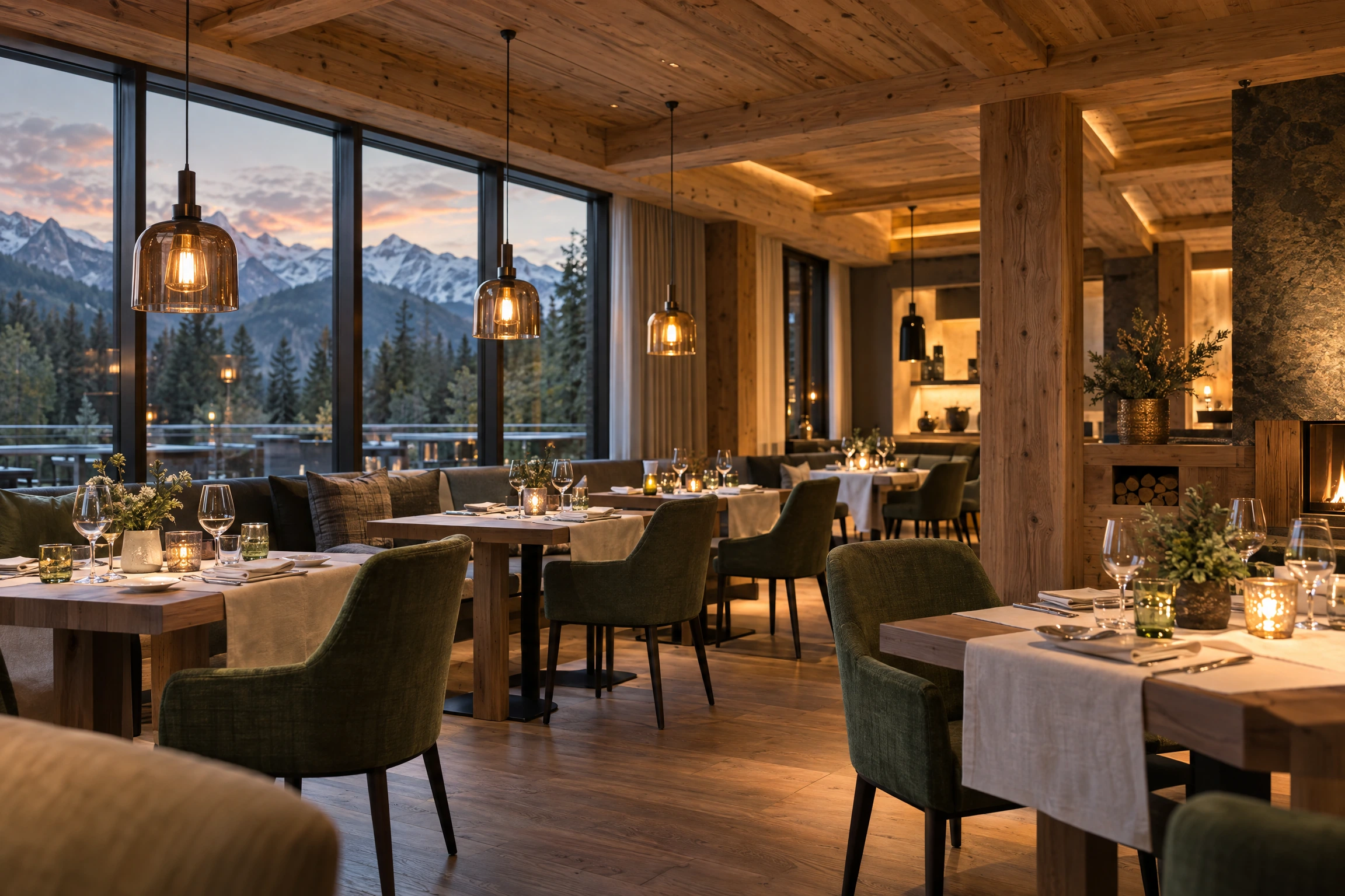 Alpines Hotelrestaurant mit warmem Holzinterieur als Symbolbild.