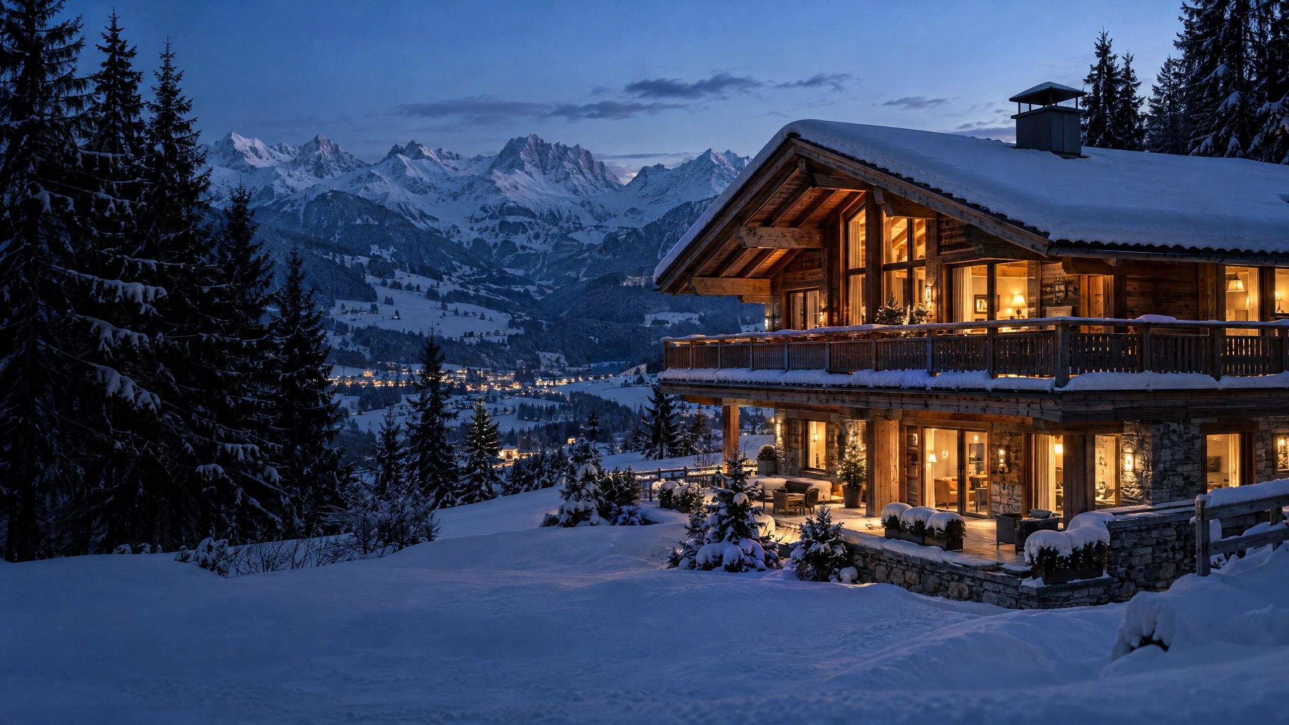 Beleuchtetes Tiroler Chalet in verschneiter Berglandschaft bei Dämmerung als Symbolbild.